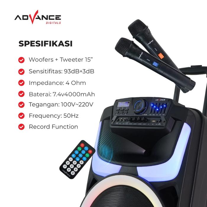 Advance Speaker Bluetooth 15 Inch + 2 Wireless Mic 2