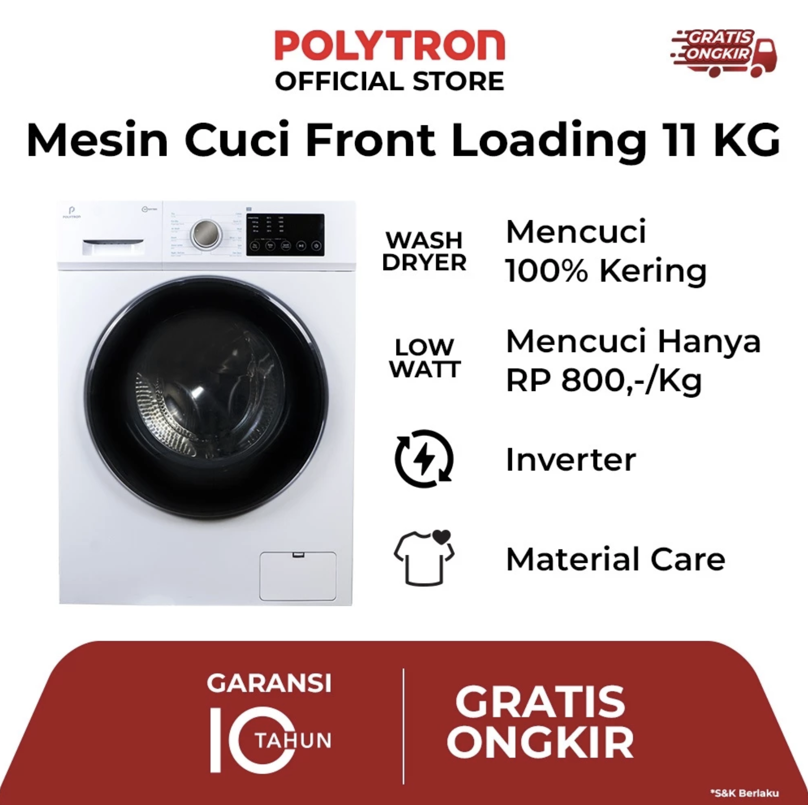 Hartono Istana Teknologi Polytron Mesin Cuci Front Loading Inverter Wonderwash Washer Dryer 11 kg PFL 1105H