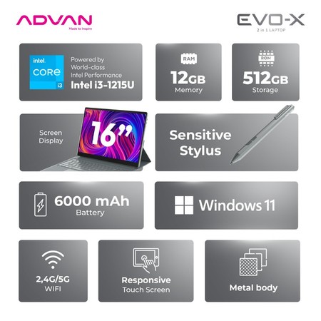 Bangga Teknologi Indonesia ADVAN EVO-X 2 in 1 Laptop i3-1215U