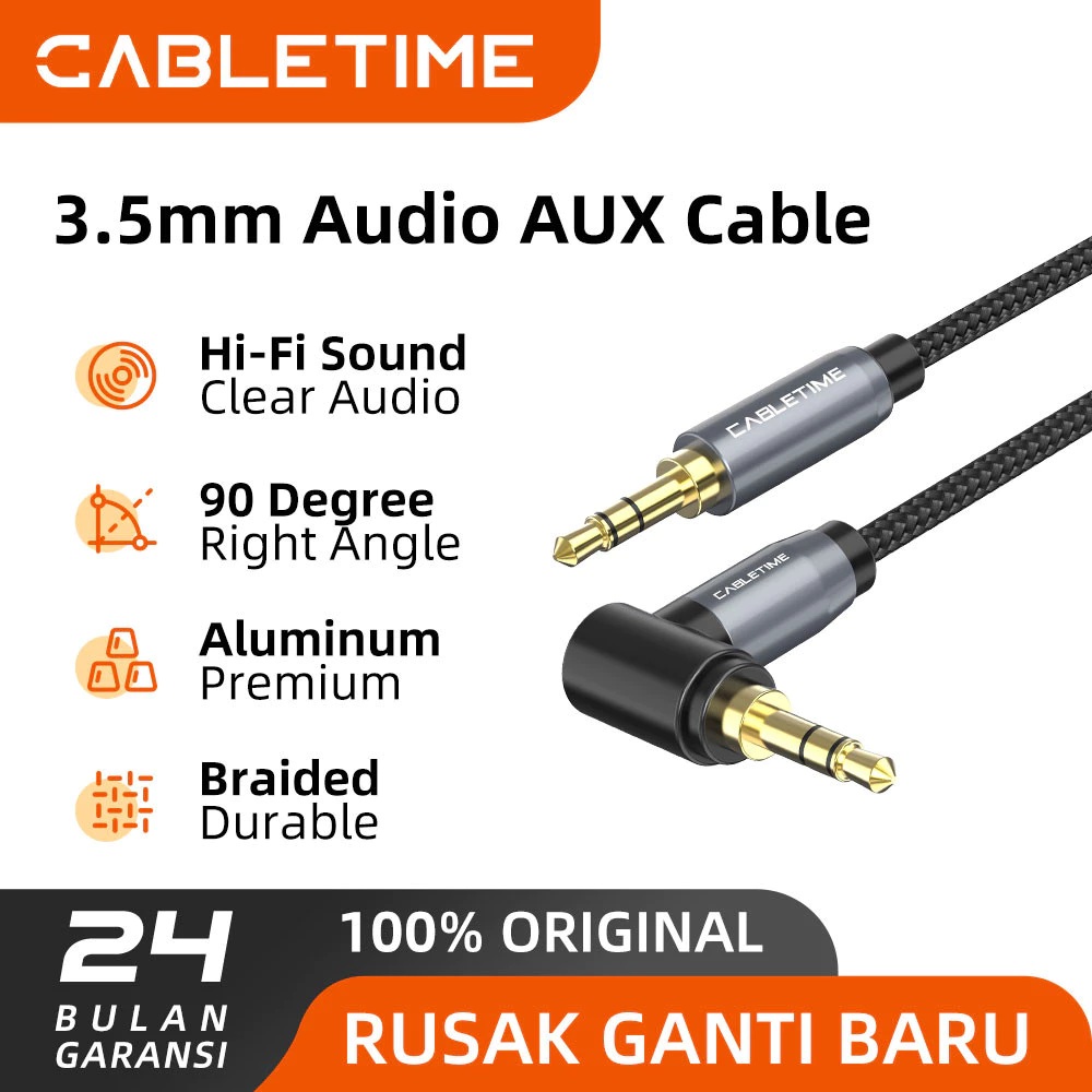 Ningbo Cabletime Electronics CABLETIME Kabel Aux 3.5mm 90 Degree Right Angle Audio Aux Male To Male