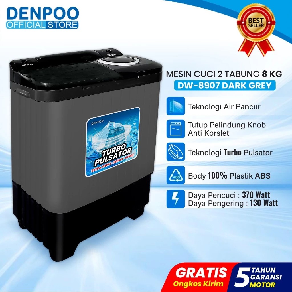 Denpoo Mandiri Indonesia Denpoo Mesin Cuci Semi Auto 8 kg DW-8907B 