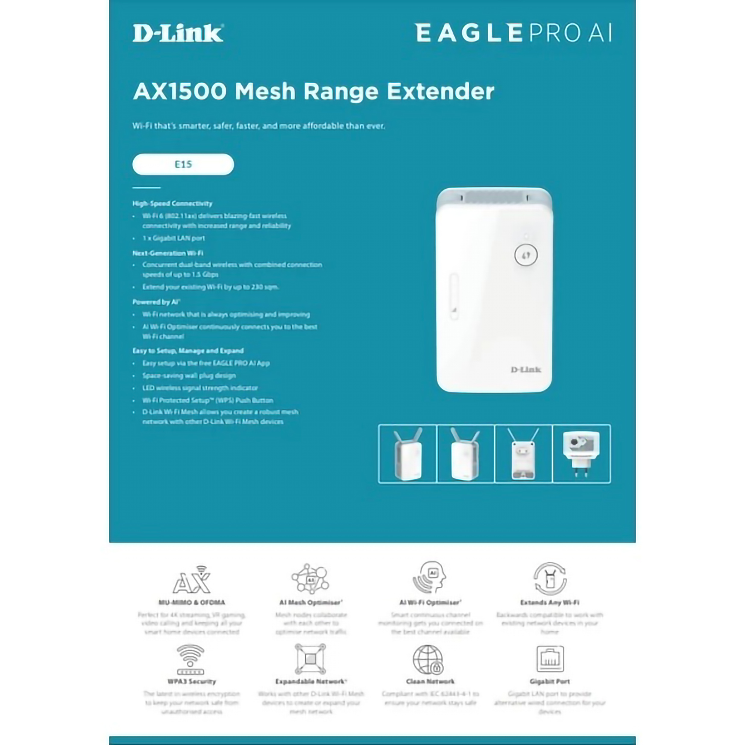 D-Link AX1500 Eagle Pro AI Mesh Range Extender E15