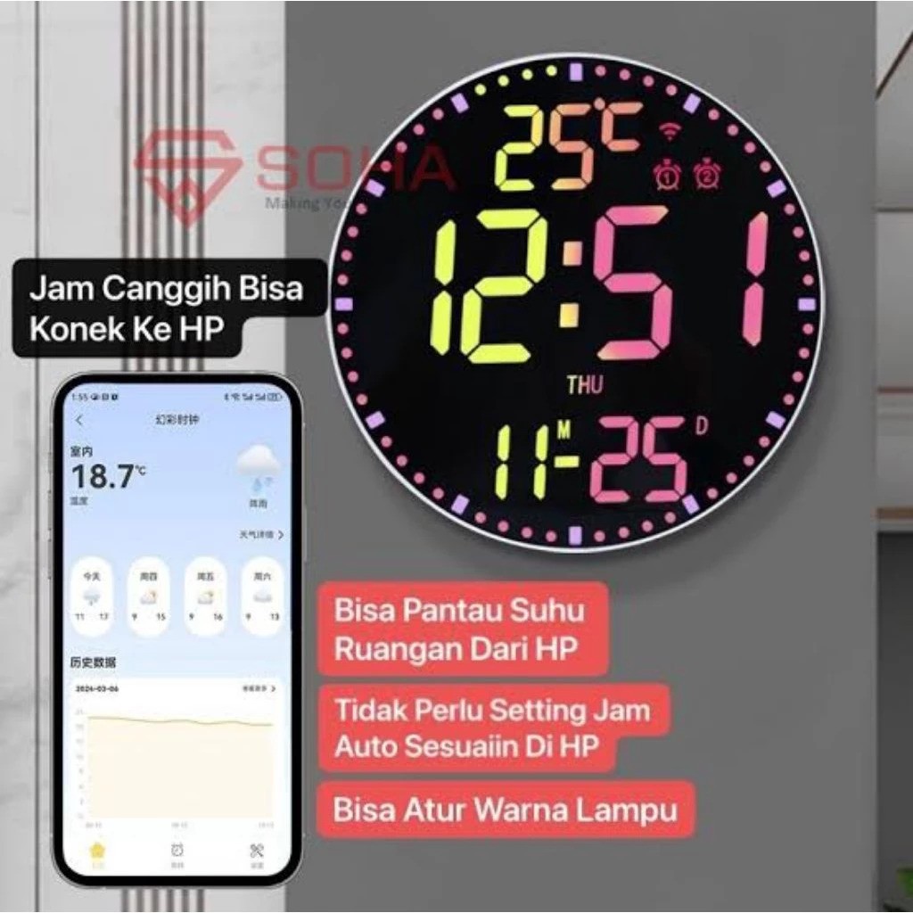  Jam Dinding Digital Warna RGB Wifi JD-14