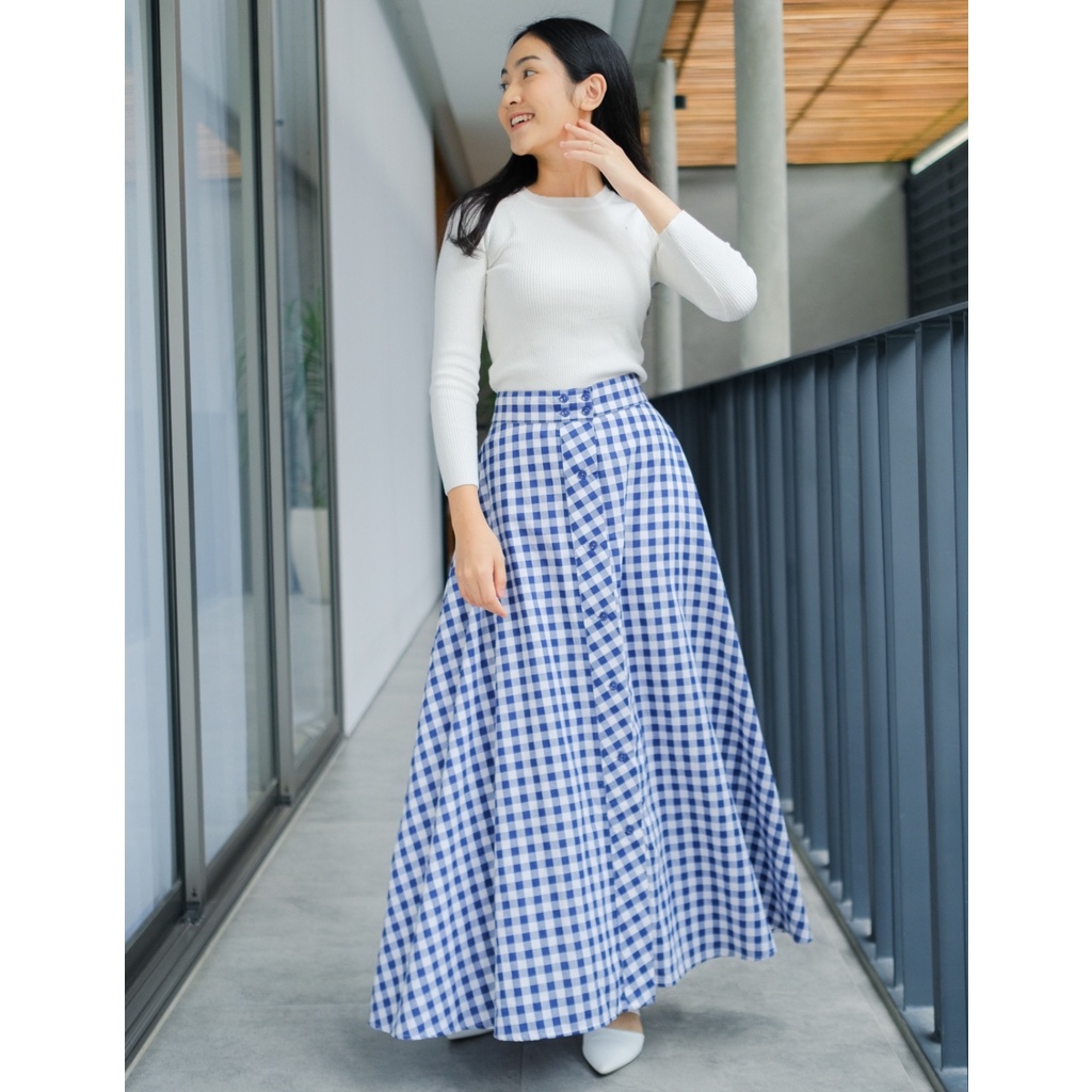 Zizava SKirt - Rok Flare Kancing Motif Gingham Kotak