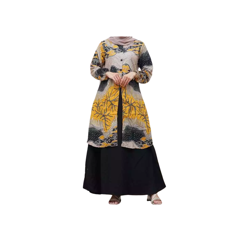 Batik Demeera Gamis Batik Motif Abstrak Kuning 1