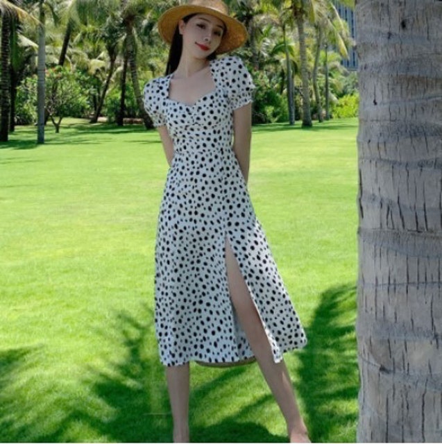 Newlan Dress Pantai Mid-Length Split Polkadot Qz004
