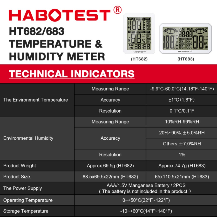Dongguan Habotest Instrument Technology HABOTEST Hygrometer Thermometer Humidity Meter  HT682