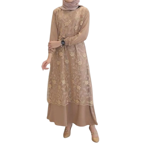 Gamis Brukat Tile Mutiara Mocca
