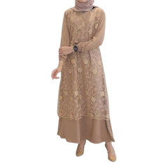 Gamis Brukat Tile Mutiara Mocca