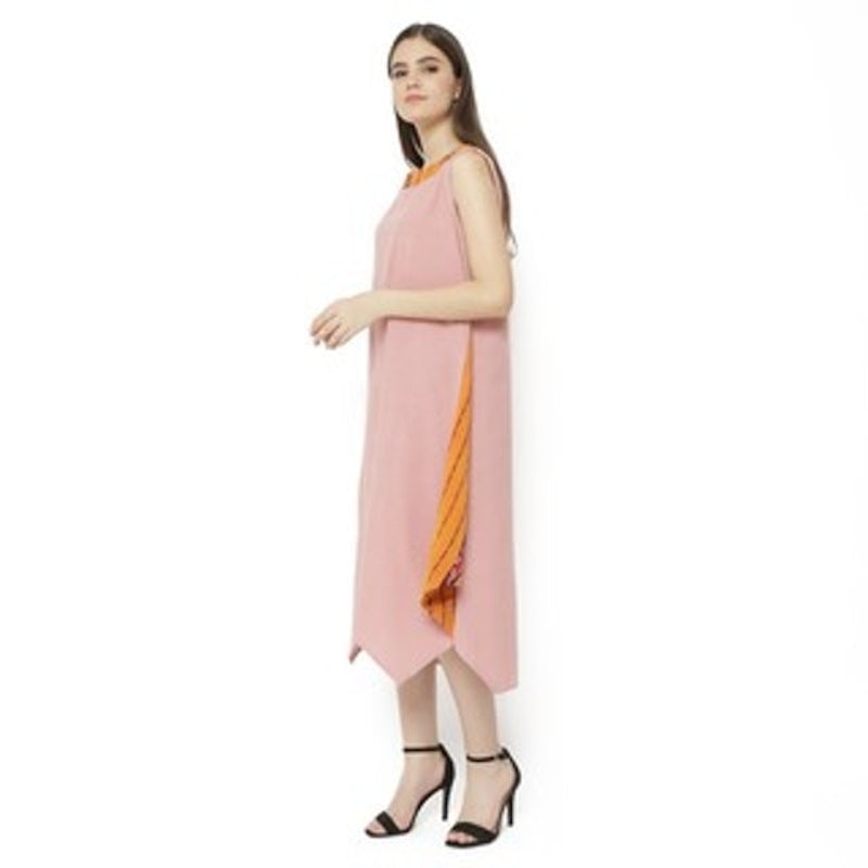 Maxi Long Dress Asimetris Linen Pink Kelereng List Tenun 2