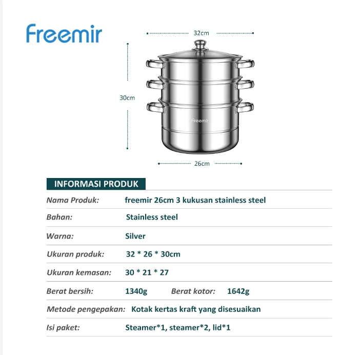 Dachin Etech Global freemir Panci Kukus Stainless Steel 3 Tingkat dan Tutup Kaca