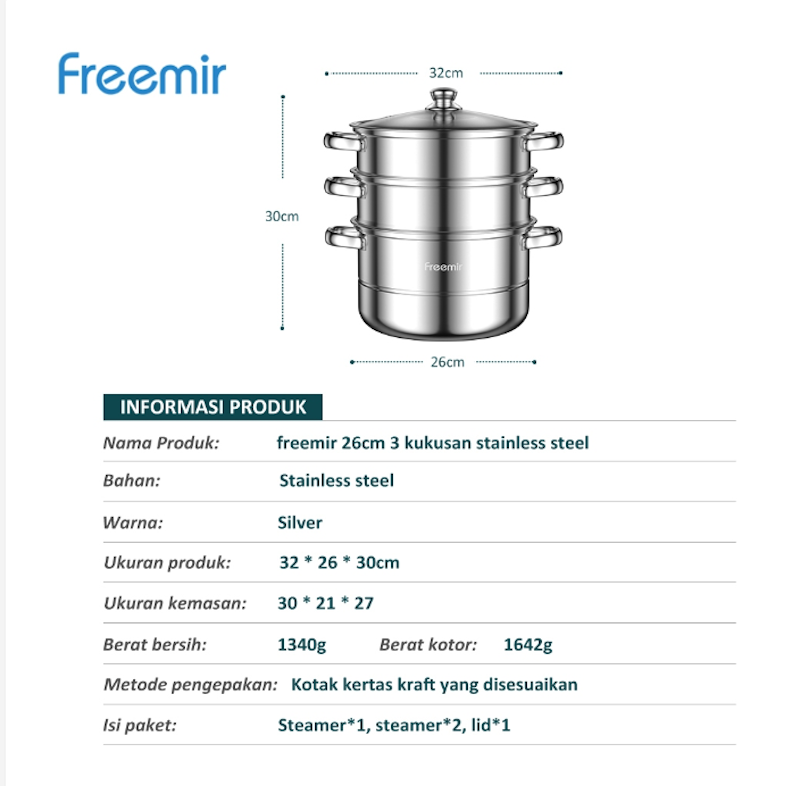 freemir Panci Kukus Stainless Steel 3 Tingkat dan Tutup Kaca 5