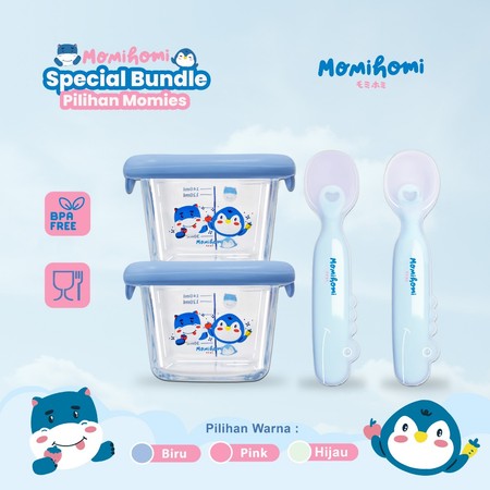Momi Homi Bundle MPASI Bayi 2 Food Container Kaca + Set Sendok Silikon 2