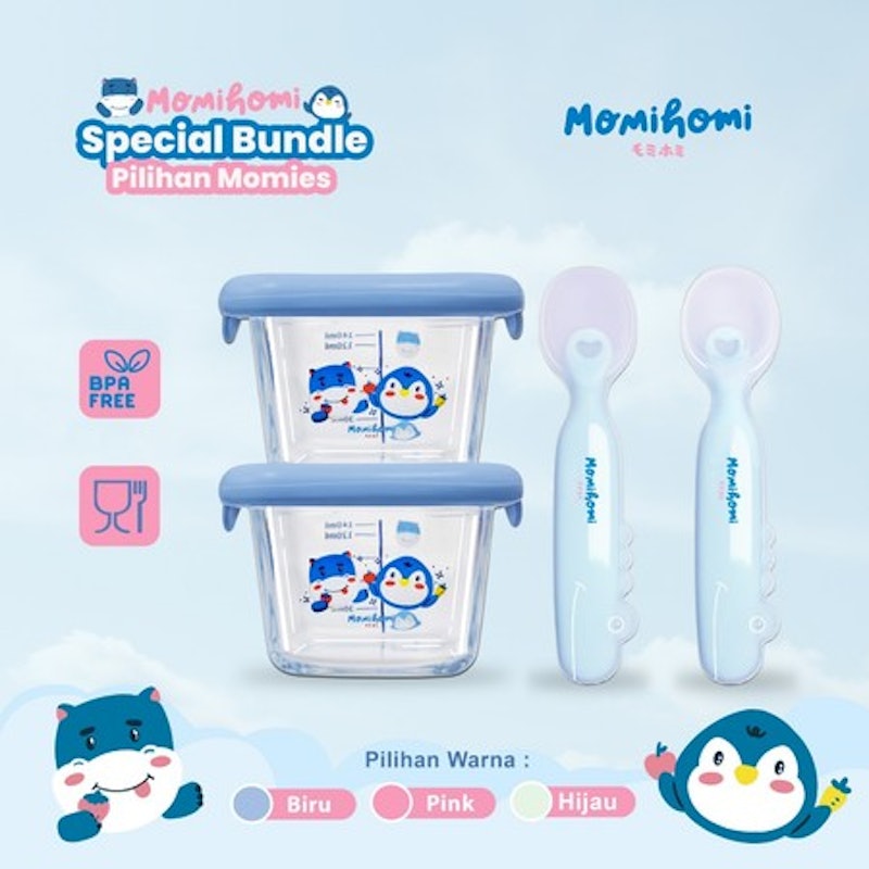 Momi Homi Bundle MPASI Bayi 2 Food Container Kaca + Set Sendok Silikon 2
