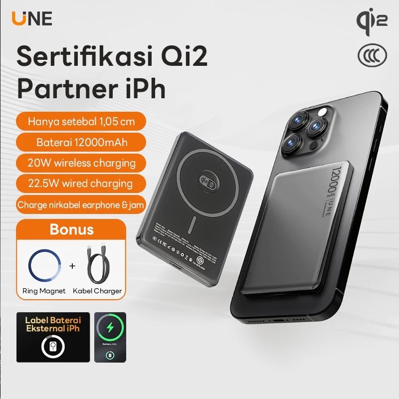 UNE 12000mah Powerbank Wireless Magnetic 5