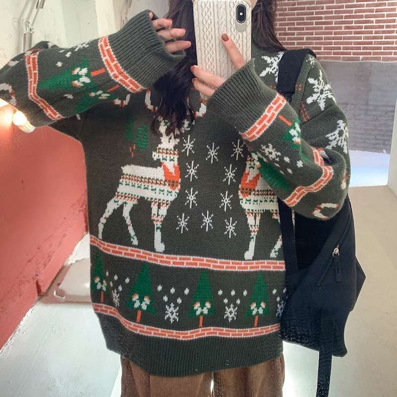KOUYOO Crew Neck Oversize Christmas Sweater Rusa & Pohon Natal