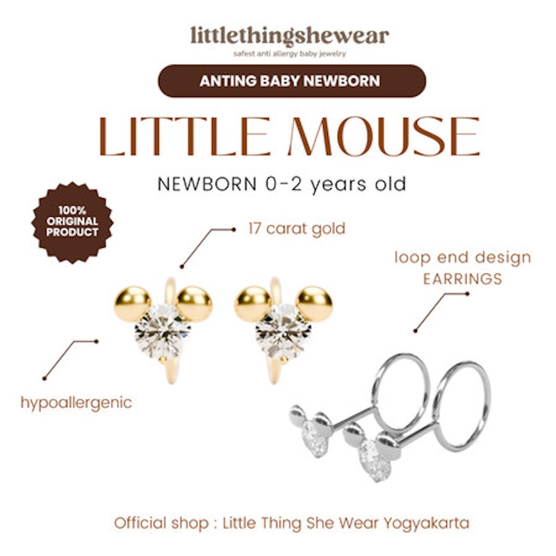 Littlethingshewear Anting Emas Bayi Little Mouse Swarovski 3