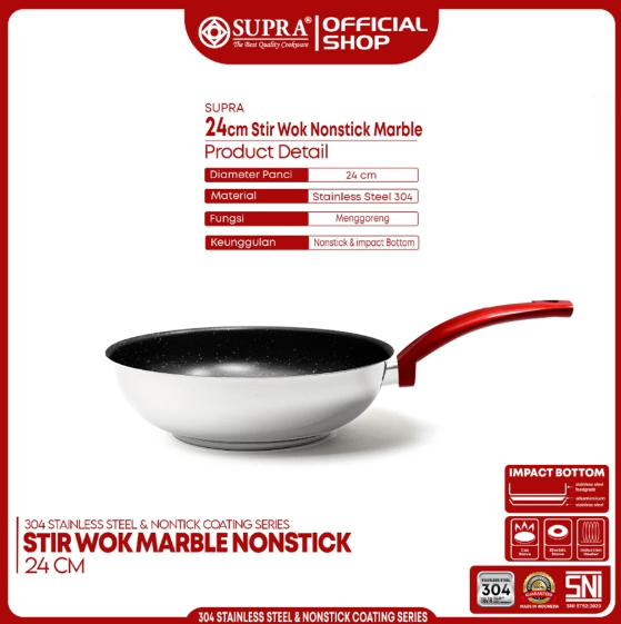 Supra Teratai Metal Supra Panci Stainless SUS 304 Stir Wok Marble 24 Cm Red 
