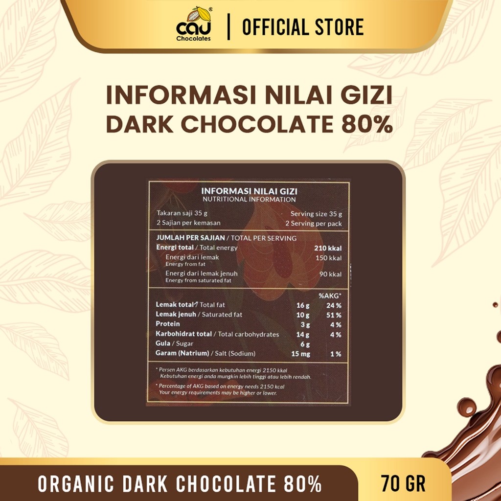 Cau Coklat Internasional Cau Chocolates Organic Dark Chocolate Couverture 80% 70 g