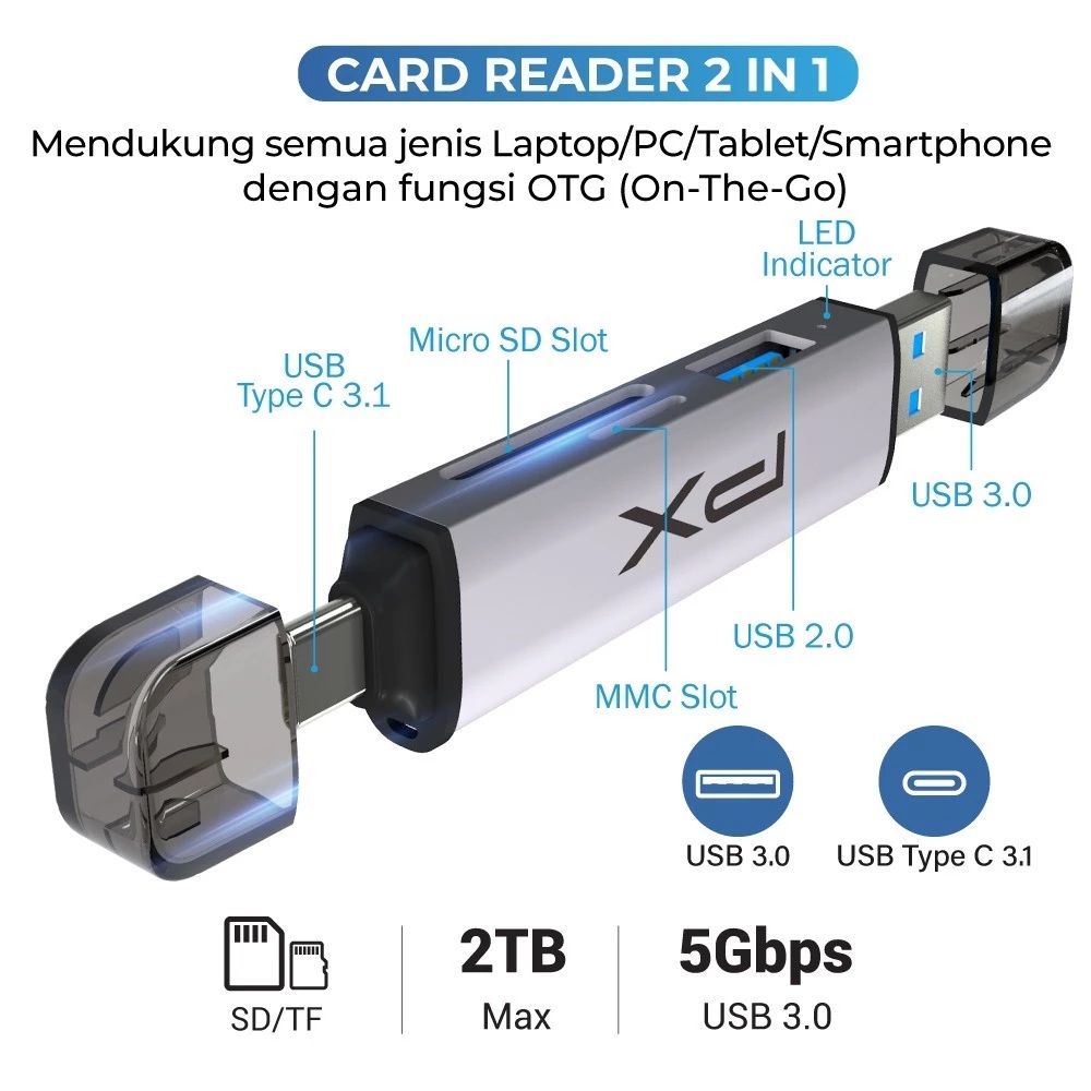 PX Card Reader Micro SD Card High Speed Type C OTG 2in1 5