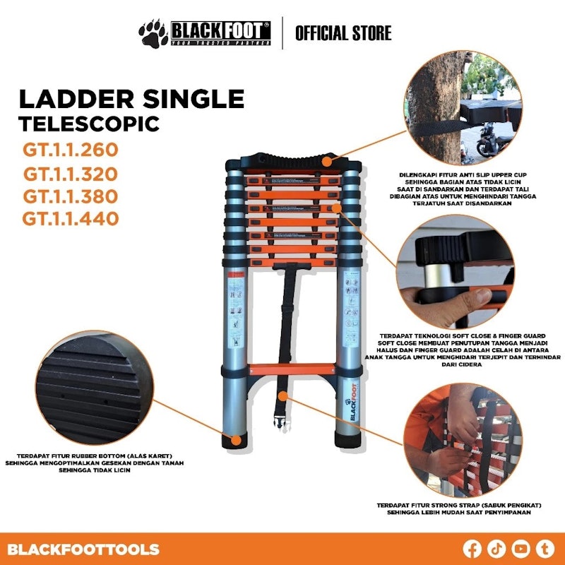 BLACKFOOT Telescopic Single Ladder 5.2M 4