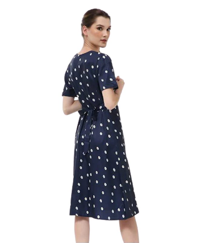 Rachel Dress Wanita Lengan Pendek Motif Polka Dark Blue 2