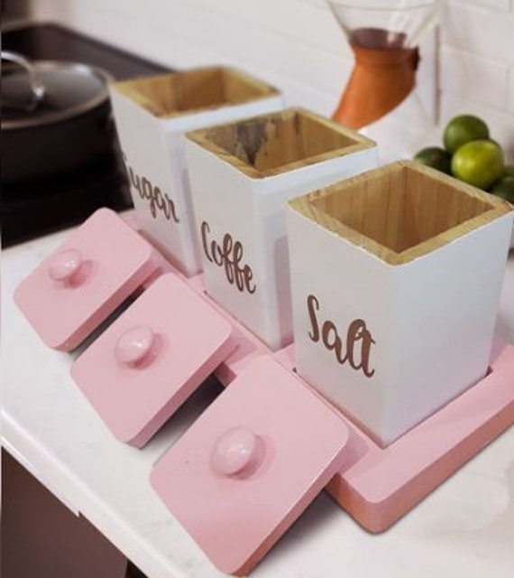 L18 Production  Toples Tempat Kopi Gula Teh Garam Set Kayu Natural