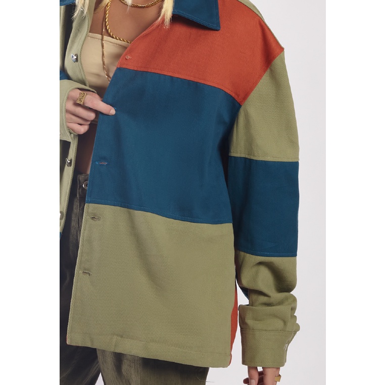 OCWA STUDIO Oversized Calton Multi Patches Denim Jacket Beige Army