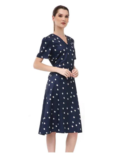 Hamlin Rachel Dress Wanita Lengan Pendek Motif Polka Dark Blue