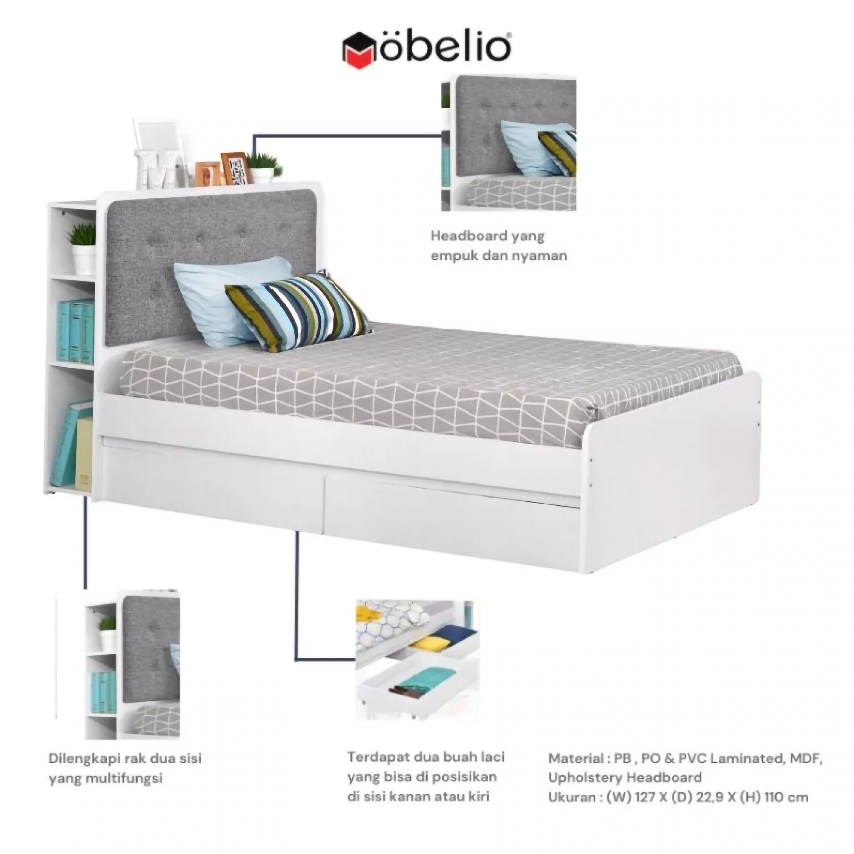 Mobelio Dream Mobelio Ranjang Tidur dengan Laci dan Rak Minimalis Putih Eclipse