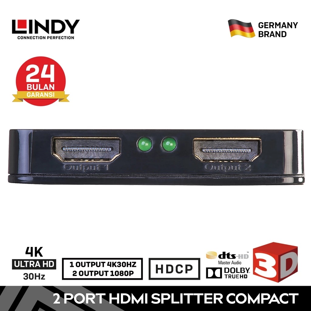 LINDY 2 Port HDMI 1.4 10.2G Splitter Compact 2
