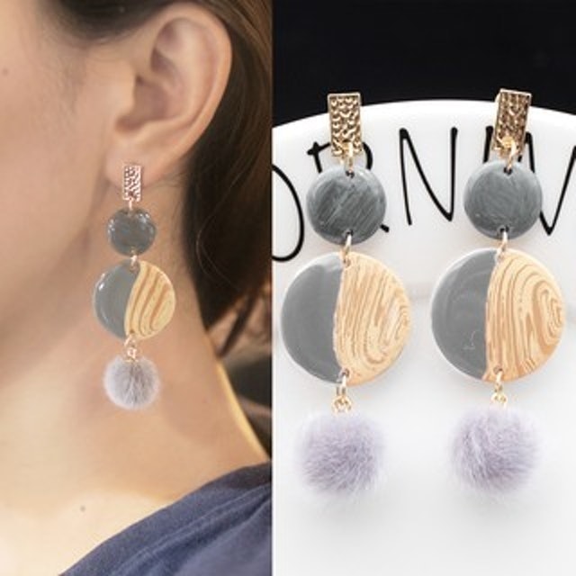 Geometric Pompom Wafer Earrings 