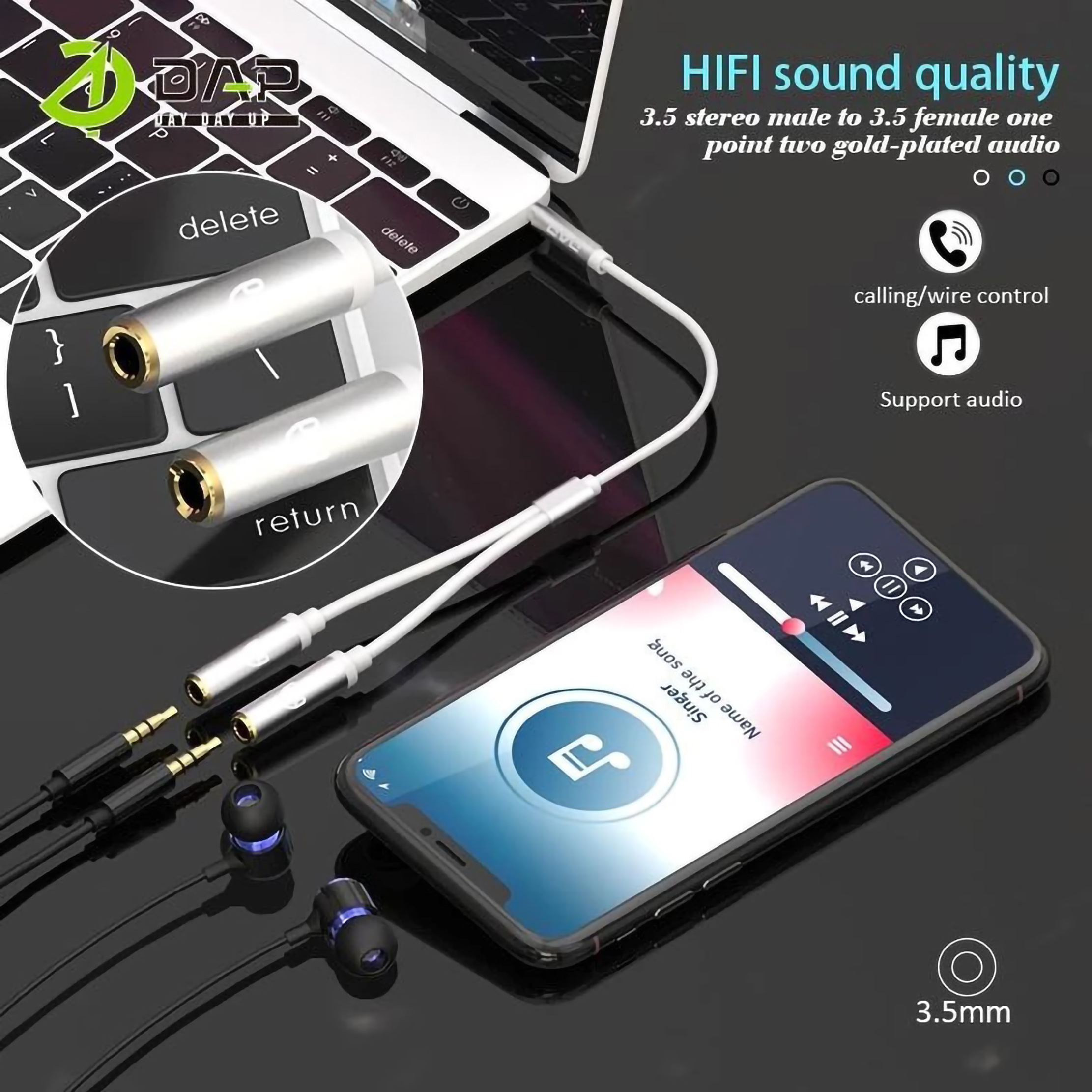 DAP Audio  Kabel Audio Splitter 3.5mm Male to 2 Female Audio & Mic D-AU08