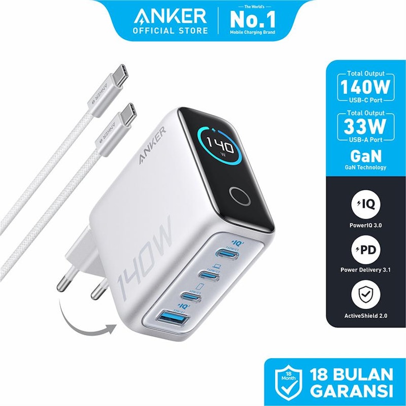 Anker Smart Digital Touch Display 140W GaN Charger Foldable Fast Charging 4 Ports with Type C Cable 5