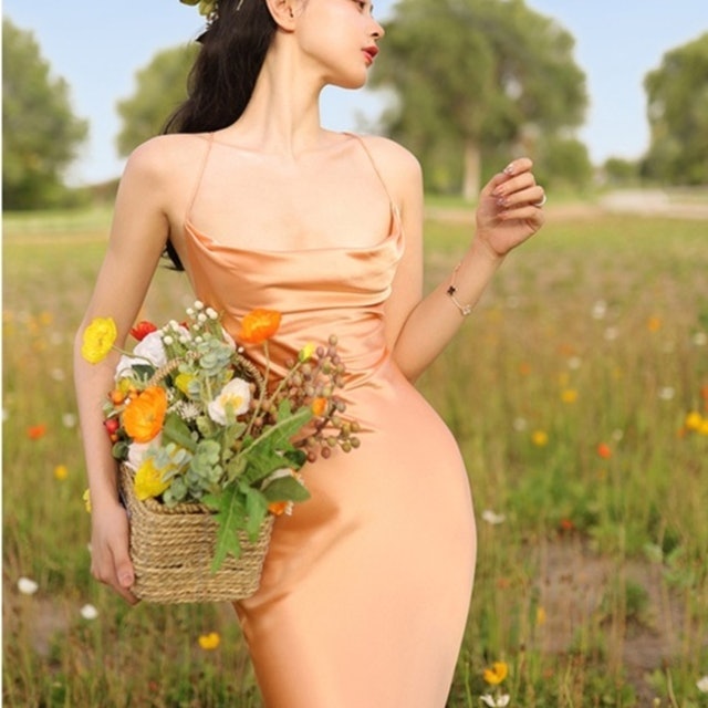 Peach Champagne Cowl Neck Satin Dress  ｜ C616
