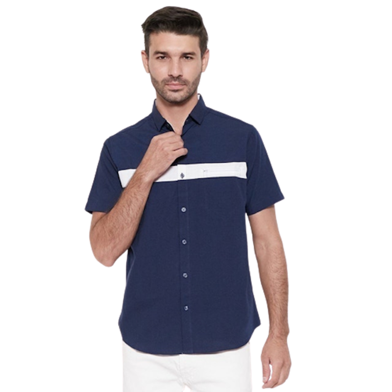Kemeja Pria Basic Combination Oxford Pendek Warna Navy 1