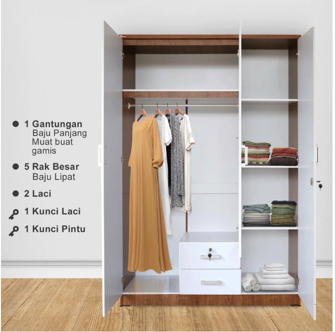 Kirana Furniture Kirana Arizona Lemari Pakaian Kayu 3 Pintu