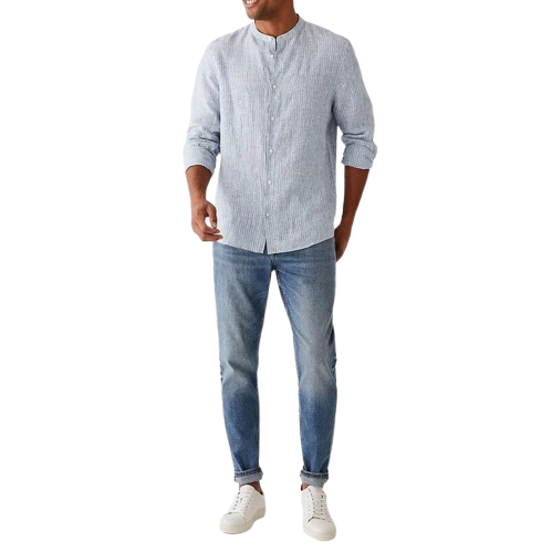 M&S Pure Linen Striped Grandad Collar Shirt