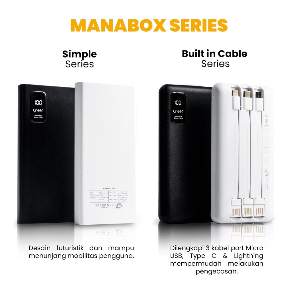 Corner Digital Evolusi UNEED Manabox Series Built-in Cable Powerbank VOOC-QC-PD 20.000 mAh UPB611.2F