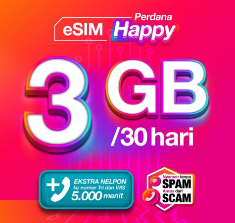 Indosat Ooredoo Hutchison Tri eSIM Happy 3GB
