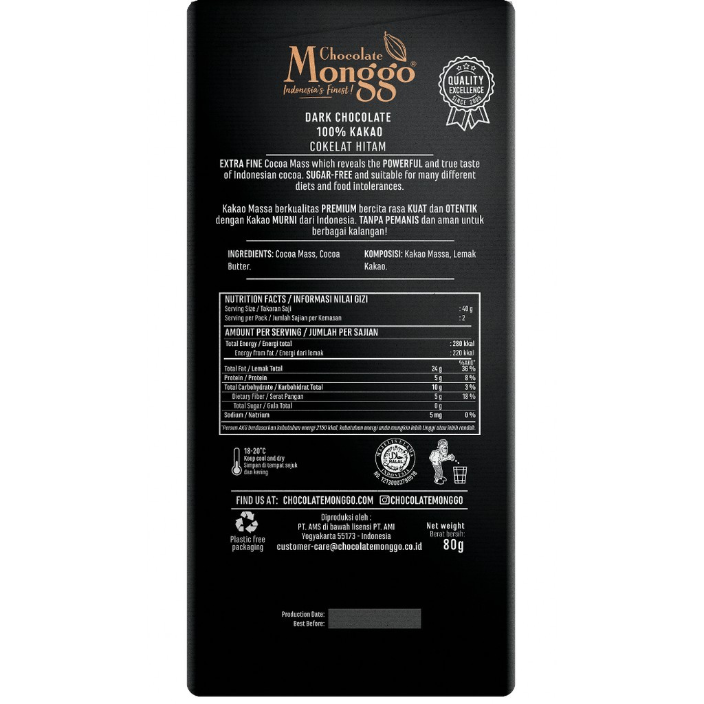 Chocolate Monggo 100% Cocoa Dark Chocolate Chia Seed