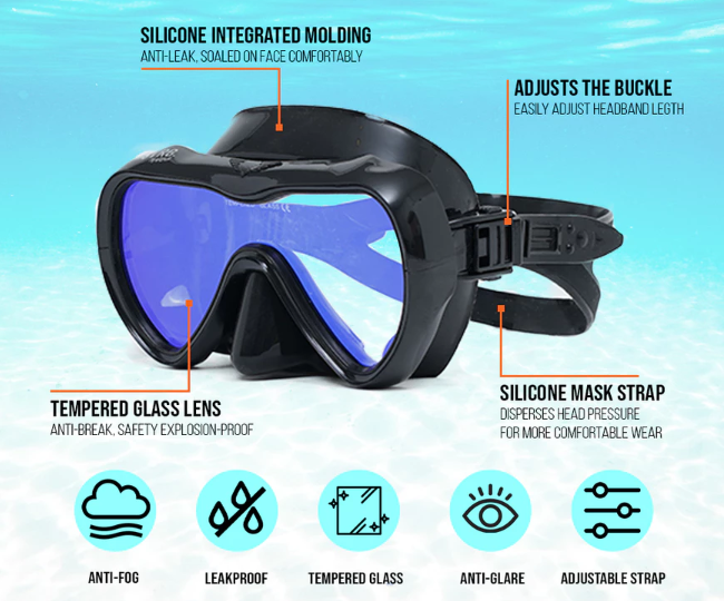 Pastikan kacamata selam menggunakan strap silikon dan kaca tempered glass