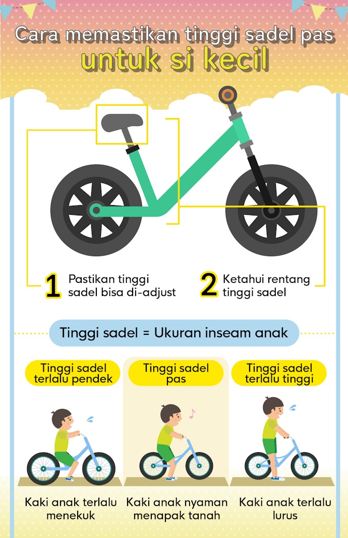 Pastikan tinggi sadel dan ukuran balance bike sesuai dengan tinggi anak