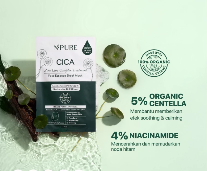 Pertimbangkan sheet mask dengan kandungan Centella asiatica serta green tea untuk kulit berjerawat dan sensitif