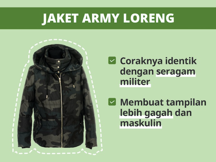 Pilh jaket army loreng yang memberikan kesan gagah dan maskulin bak anggota militer