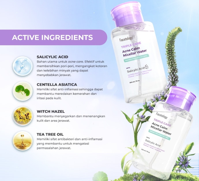 Jika Anda mencari micellar water untuk kulit berjerawat dan bruntusan, cari yang mengandung antibakteri seperti tea tree, mugwort, dan witch hazel