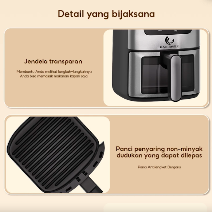 Pastikan air fryer memiliki lapisan non-stick, komponen yang bisa dilepas, dan sudut membulat agar lebih mudah dibersihkan