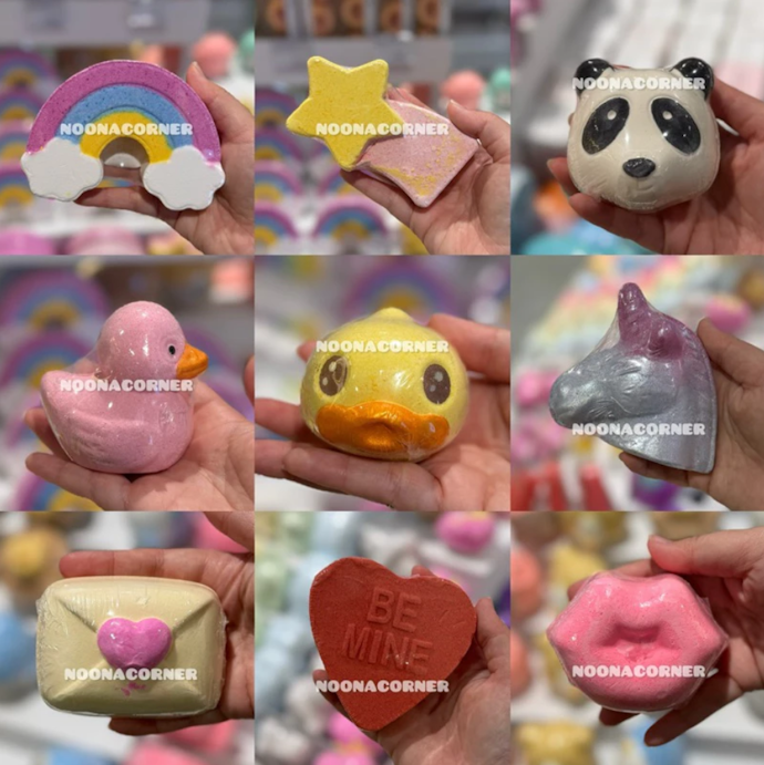 Untuk pengalaman mandi lebih menyenangkan, pertimbangkan bentuk yang bervariasi seperti bath bomb merek KKV atau Miniso