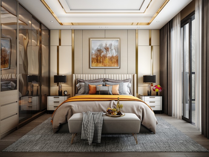 Untuk tampilan kamar yang lebih mewah dan elegan, tambahkan hiasan dinding dengan aksen emas