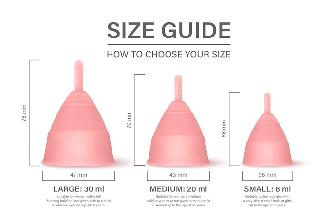 Pilih menstrual cup ukuran kecil untuk regular flow, ukuran sedang untuk moderate flow, dan ukuran besar untuk heavy flow